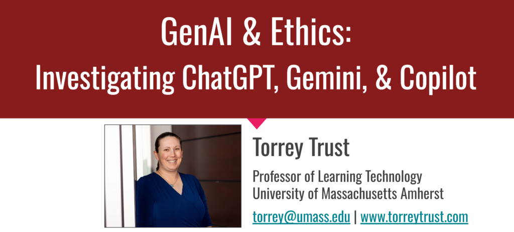 Title slide for GenAI and Ethics showing photo of creator Torrey Trust